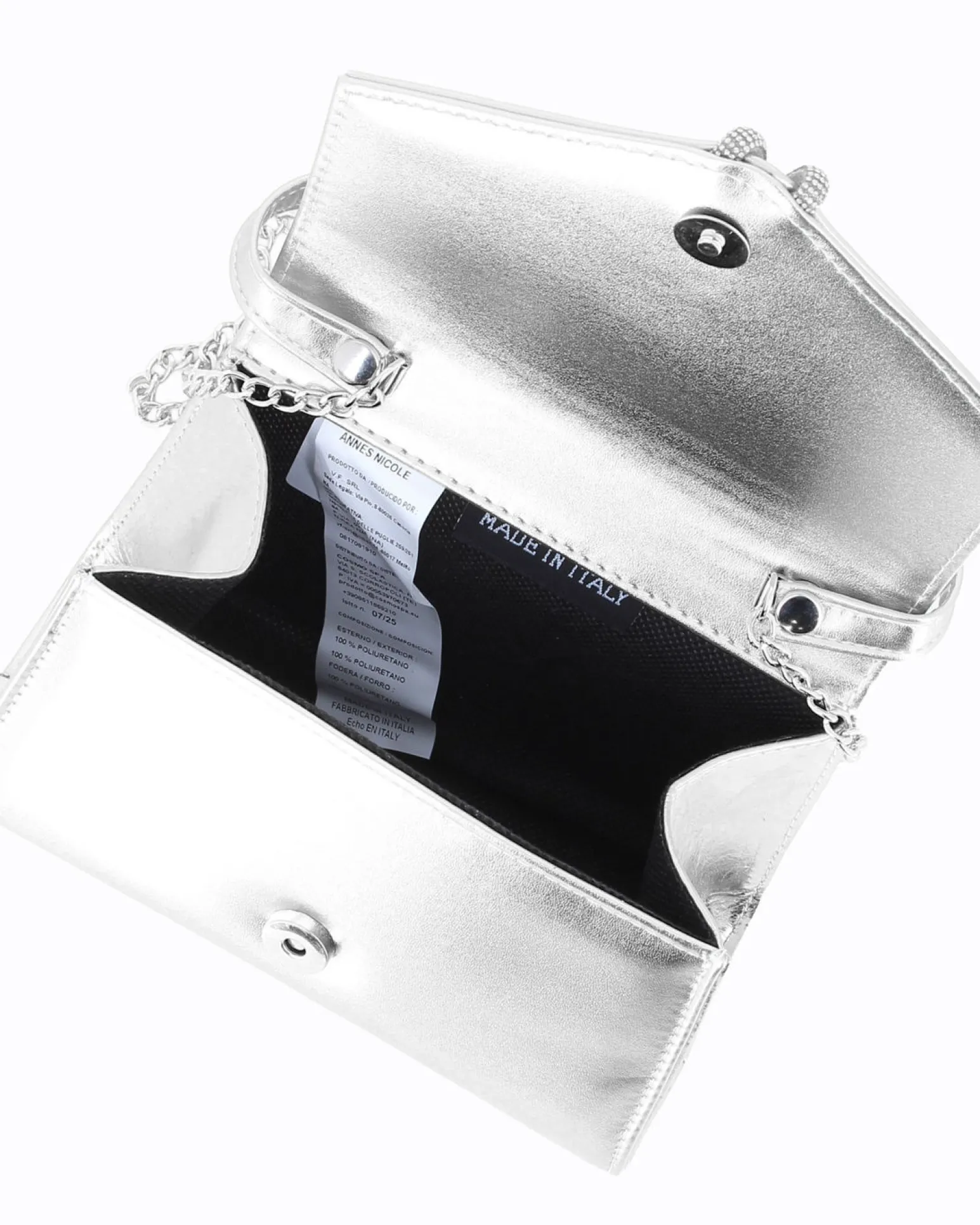 ANNES NICOLE - Pochette argento con cinturino in strass sulla patta e tracolla a catenina