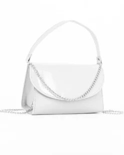 ANNES NICOLE - Pochette bianca un manico con patta in vernice e dettaglio catenina, MADE IN ITALY