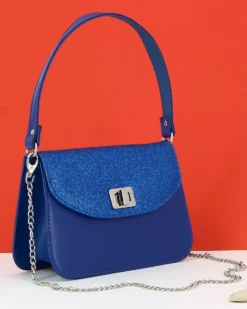 ANNES NICOLE - Pochette bluette un manico con patta glitterata, chiusura a girello e catenina removibile, MADE IN ITALY