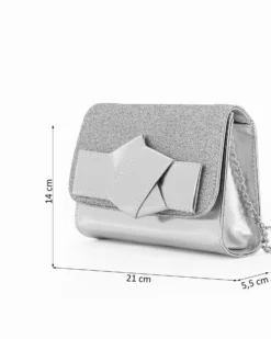 ANNES NICOLE - Pochette laminata argento con patta glitterata e fiocco removibile, MADE IN ITALY