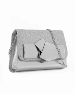 ANNES NICOLE - Pochette laminata argento con patta glitterata e fiocco removibile, MADE IN ITALY