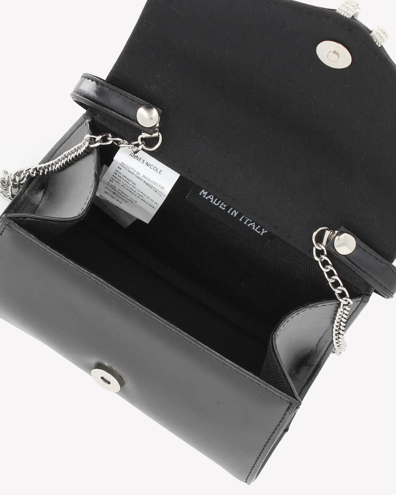 ANNES NICOLE - Pochette nera con cinturino in strass sulla patta e tracolla a catenina