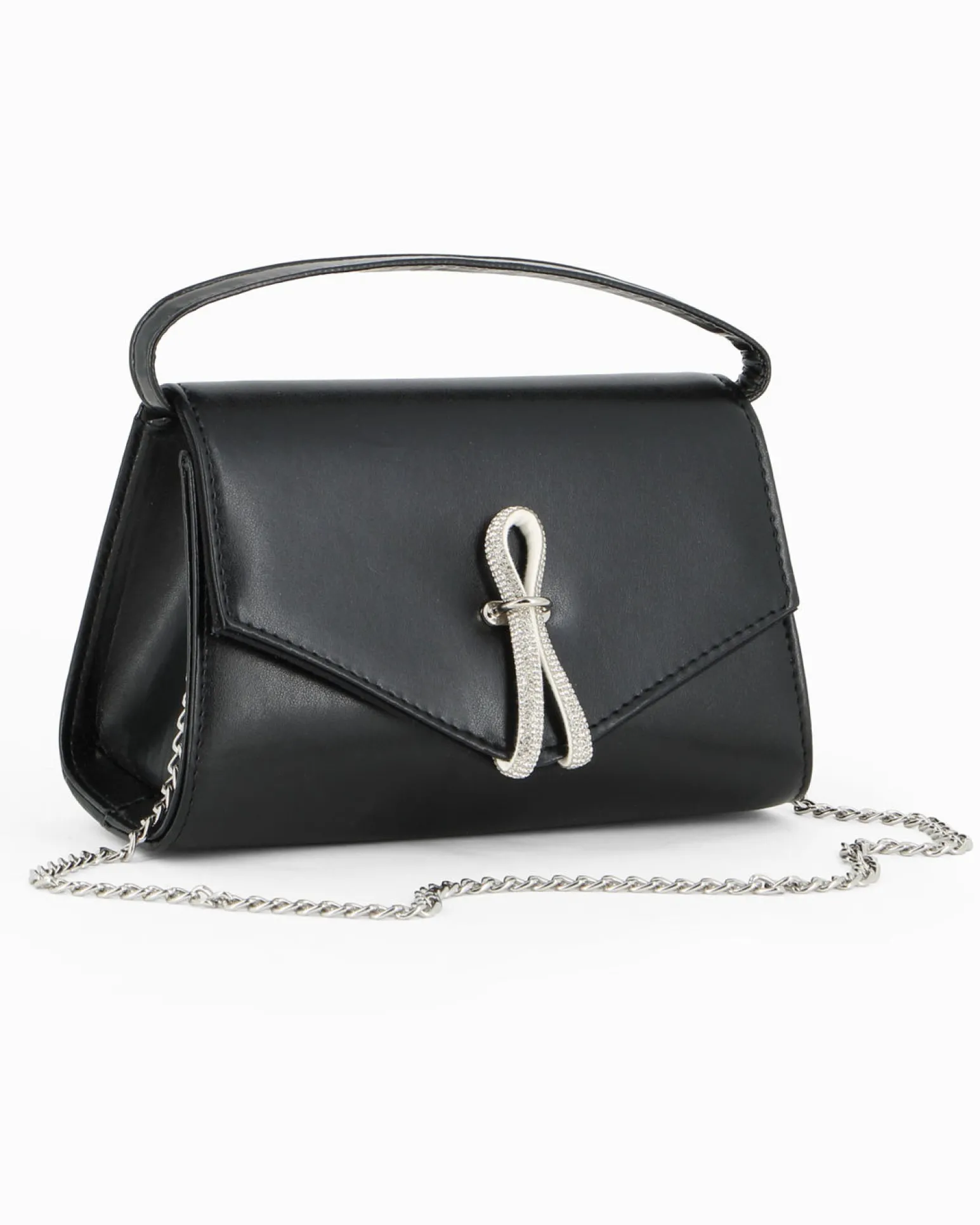 ANNES NICOLE - Pochette nera con cinturino in strass sulla patta e tracolla a catenina