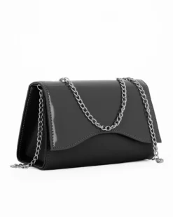 ANNES NICOLE - Pochette nera con patta in vernice e doppia catenina, MADE IN ITALY