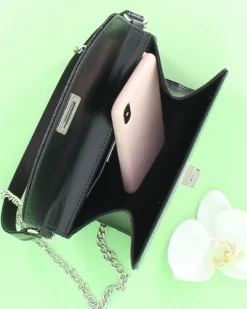 ANNES NICOLE - Pochette nera un manico con patta glitterata, chiusura a girello e catenina removibile, MADE IN ITALY