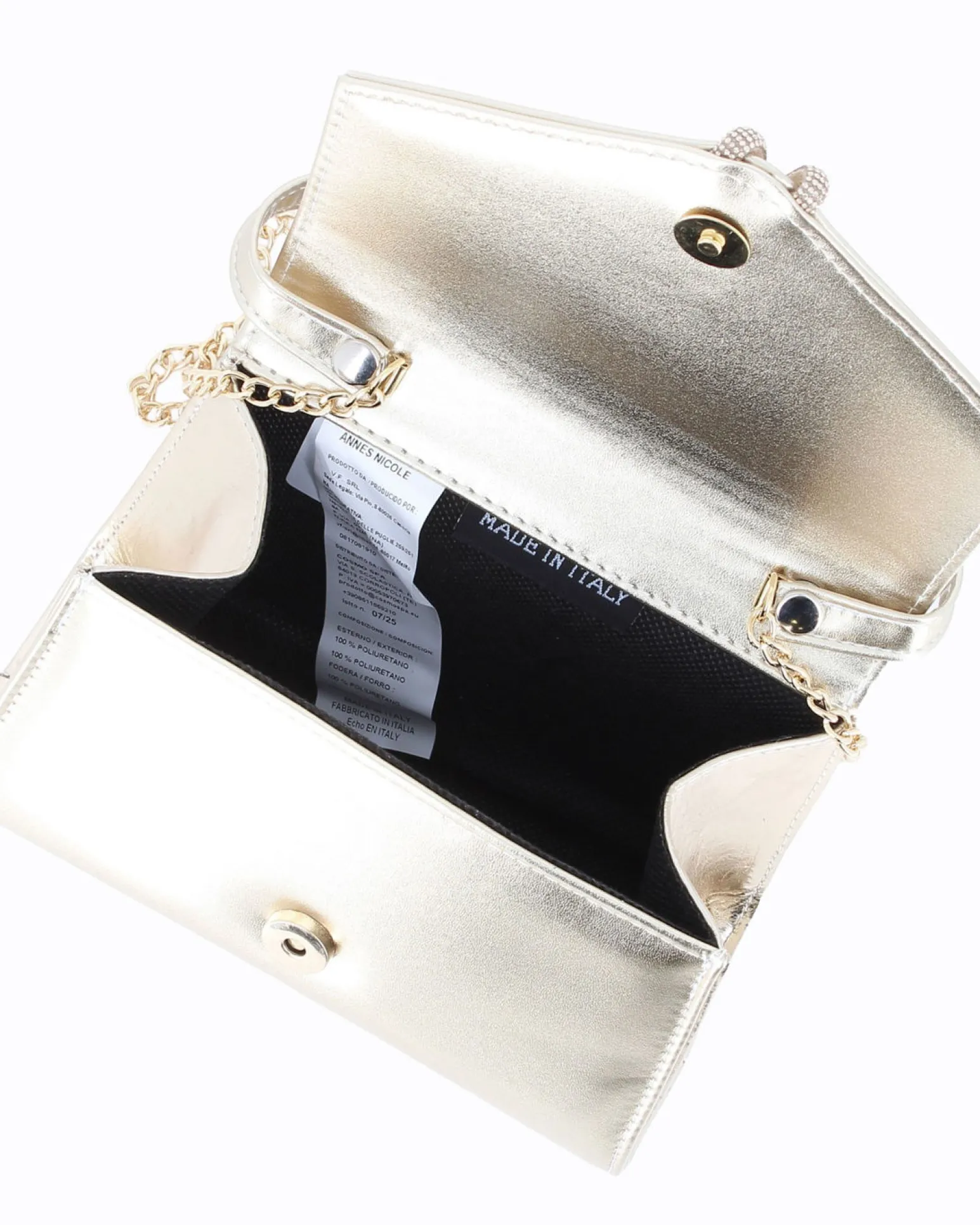 ANNES NICOLE - Pochette platino con cinturino in strass sulla patta e tracolla a catenina