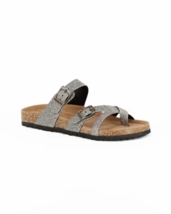 BACHATA - Ciabatta infradito taupe glitterata con doppia fibbia e sottopiede in VERA PELLE, zeppa 5CM