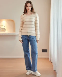 BACHATA - Maglia manica lunga avorio a righe beige con scollo quadrato