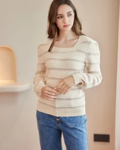 BACHATA - Maglia manica lunga avorio a righe beige con scollo quadrato