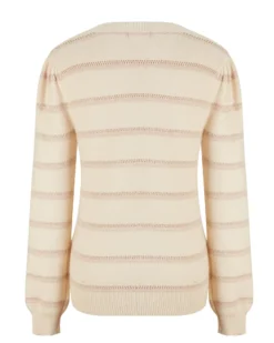 BACHATA - Maglia manica lunga avorio a righe beige con scollo quadrato