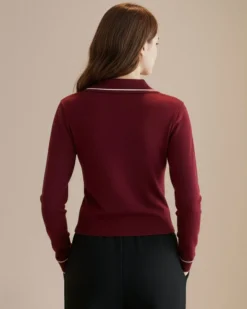 BACHATA - Maglia manica lunga bordeaux con scollo a V e colletto da donna
