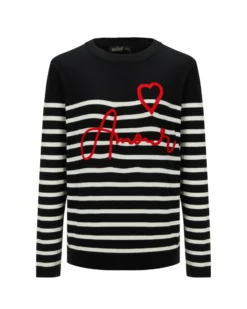 BACHATA - Maglia manica lunga nera a righe bianche con scritta Amour