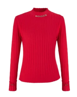 BACHATA - Maglia rossa da donna a manica lunga con collo alto