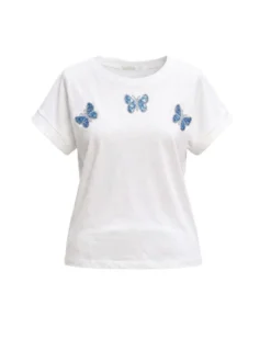 BACHATA - Tshirt manica corta bianca con decorazione di farfalle