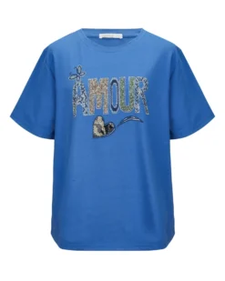 BACHATA - Tshirt manica corta denim con scritta e strass