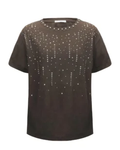 BACHATA - Tshirt manica corta marrone con strass