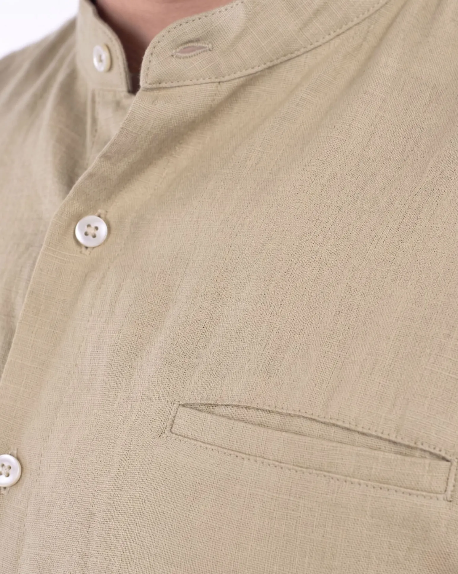 BLUE LEMON - Camicia manica corta beige collo coreano in lino