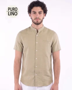 BLUE LEMON - Camicia manica corta beige collo coreano in lino