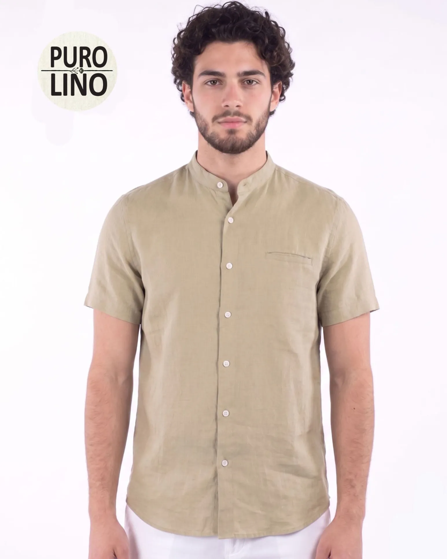 BLUE LEMON - Camicia manica corta beige collo coreano in lino