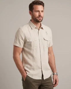BLUE LEMON - Camicia manica corta beige in lino