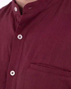 BLUE LEMON - Camicia manica corta bordeaux collo coreano in lino