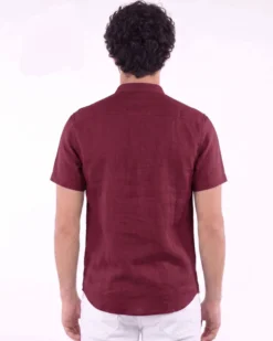 BLUE LEMON - Camicia manica corta bordeaux collo coreano in lino