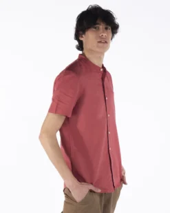 BLUE LEMON - Camicia manica corta corallo collo coreano in lino