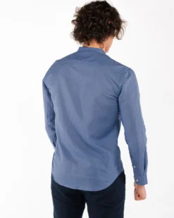 BLUE LEMON - Camicia manica lunga azzurro polvere con collo coreano in lino