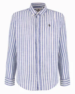 BLUE LEMON - Camicia manica lunga riga grande azzurra misto lino botton down