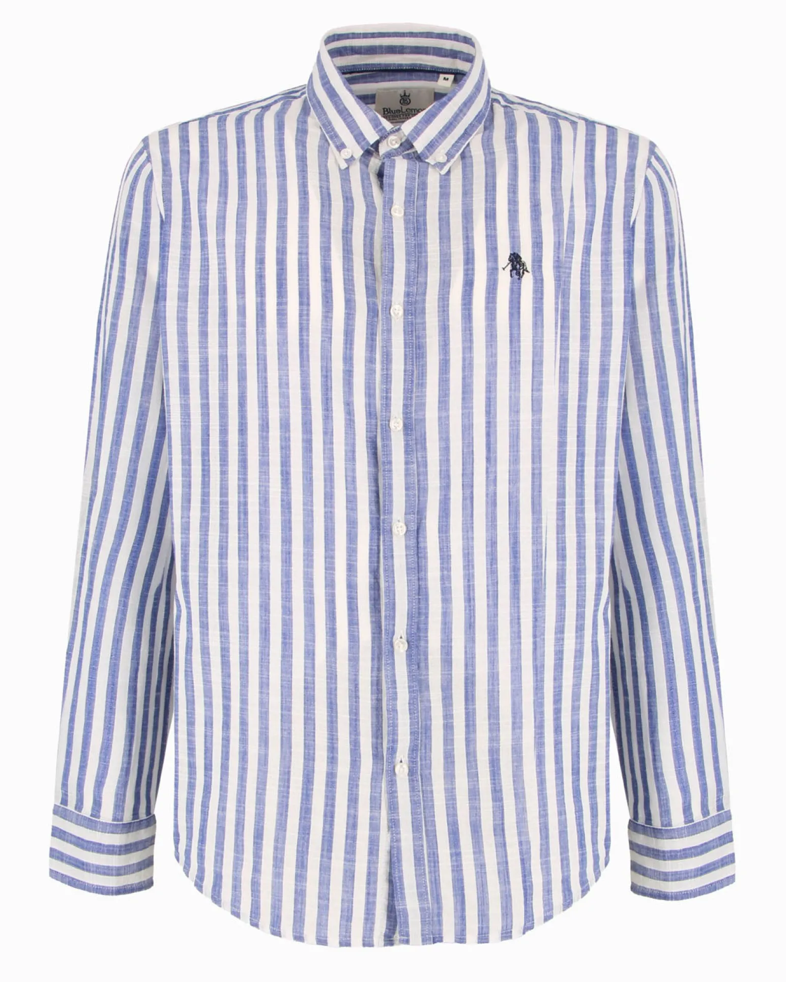 BLUE LEMON - Camicia manica lunga riga grande azzurra misto lino botton down