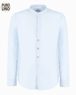 BLUE LEMON - Camicia manica lunga azzurra con collo corano in lino