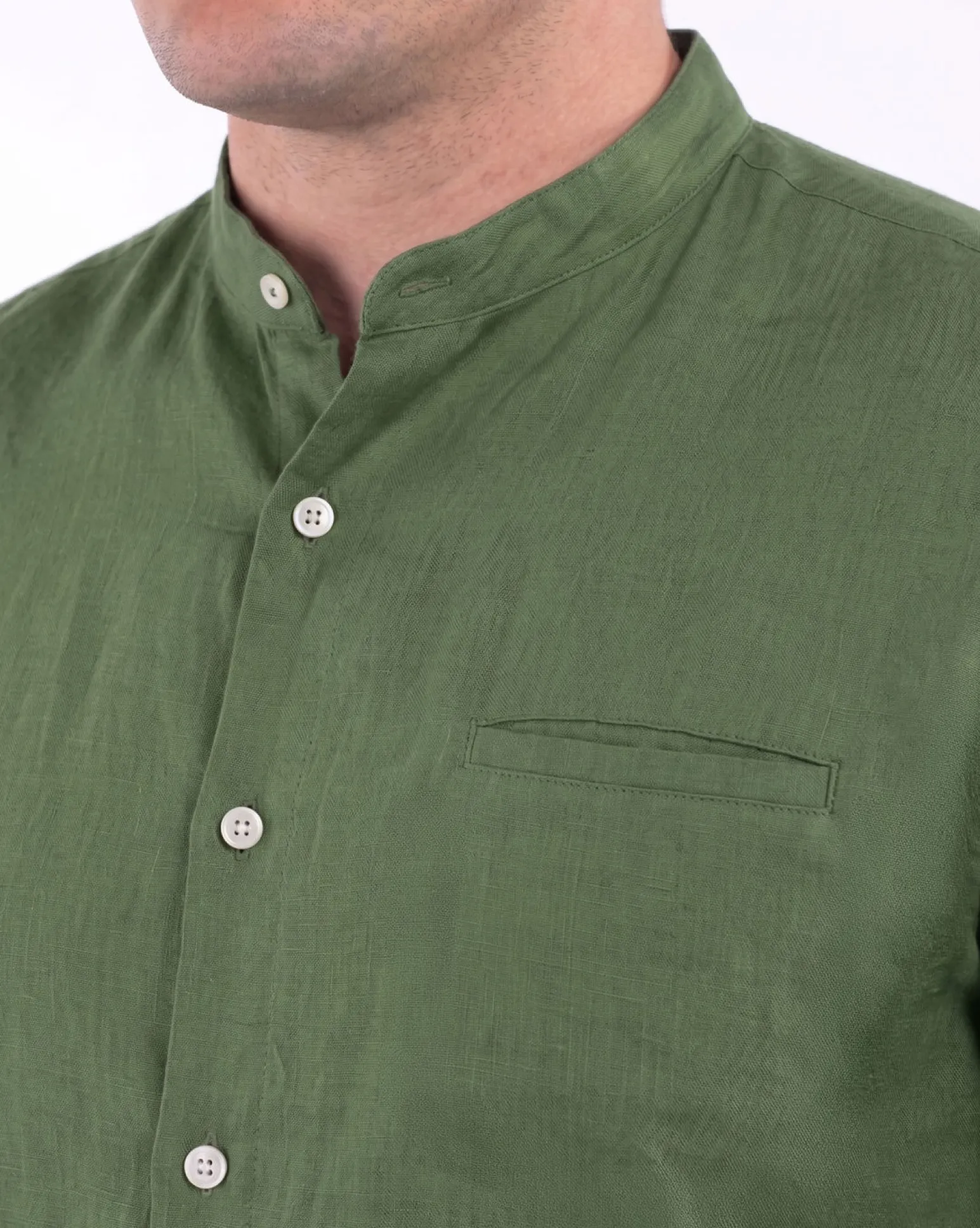 BLUE LEMON - Camicia over manica corta verde salvia con collo coreano in lino