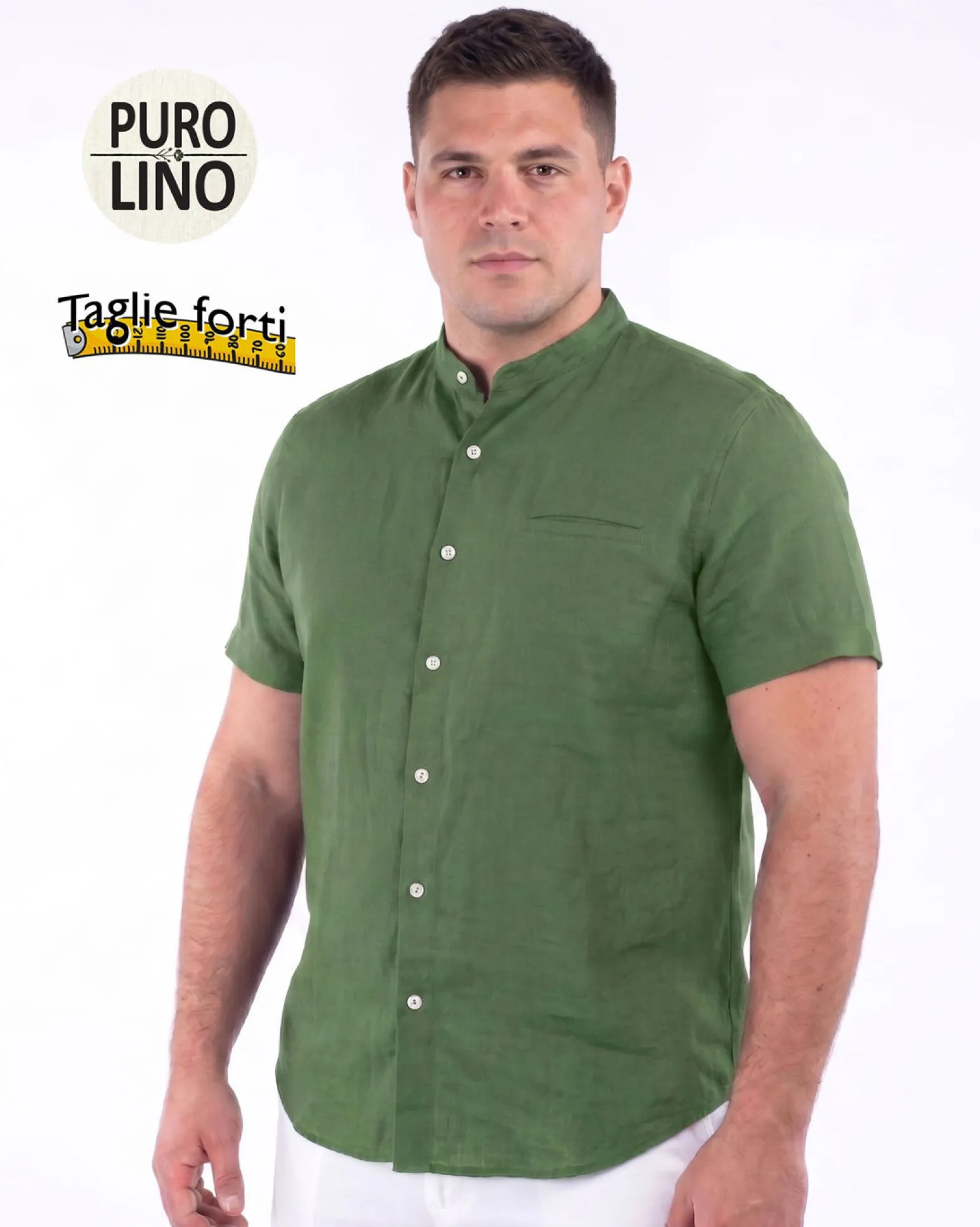 BLUE LEMON - Camicia over manica corta verde salvia con collo coreano in lino