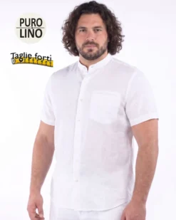 BLUE LEMON - Camicia over manica corta bianco con collo coreano in lino