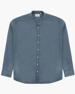 BLUE LEMON - OVER CAMICIA MANICA LUNGA LINO BLU AVIO COLLO COREANO