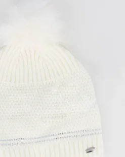 BRUGI - Berretto bianco a maglia da donna con pon pon, strass e fodera in pile