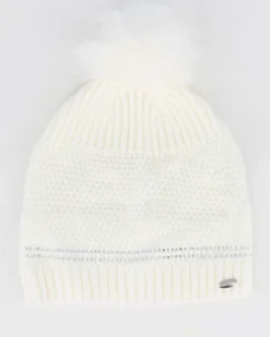 BRUGI - Berretto bianco a maglia da donna con pon pon, strass e fodera in pile
