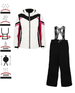 BRUGI - Completo da sci bambina bianco e fuchsia impermeabile antivento e traspirante con cappuccio