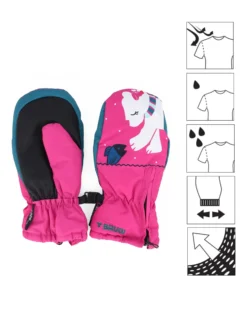 BRUGI - Guanti manopole sci da bimba imbottiti fucsia impermeabili, idrorepellenti, antivento