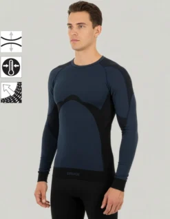 BRUGI -MAGLIA MANICA LUNGA DA UOMO BLU E NERA TERMICA TRASPIRANTE SENZA CUCITURE - 9GZO-T365