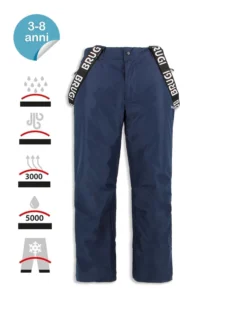 BRUGI - Pantalone da sci bambino blu impermeabile traspirante antivento con bretelle regolabili