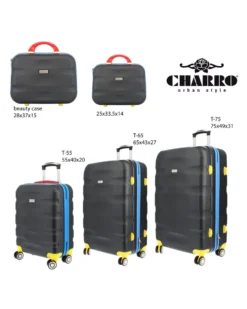 CHARRO - TROLLEY NERO 4 RUOTE IN ABS CON DETTAGLI COLORATI