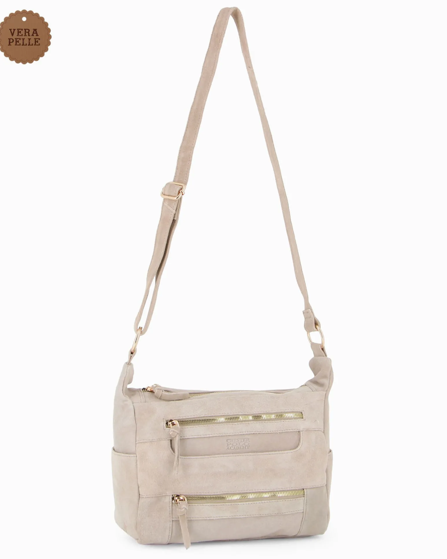 CHESTER POLO ACADEMY - Tracolla beige scamosciata in VERA PELLE con tre tasche frontali