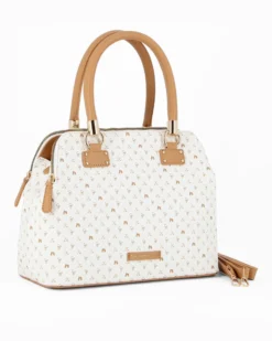 CORTINA POLO STYLE - Bauletto due manici bianco/cuoio loggato con tre scomparti principali, tracolla removibile