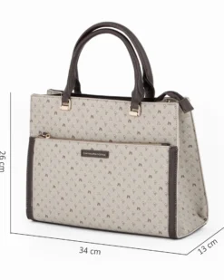 CORTINA POLO STYLE - Borsa due manici taupe loggata con tasca frontale, tracolla removibile