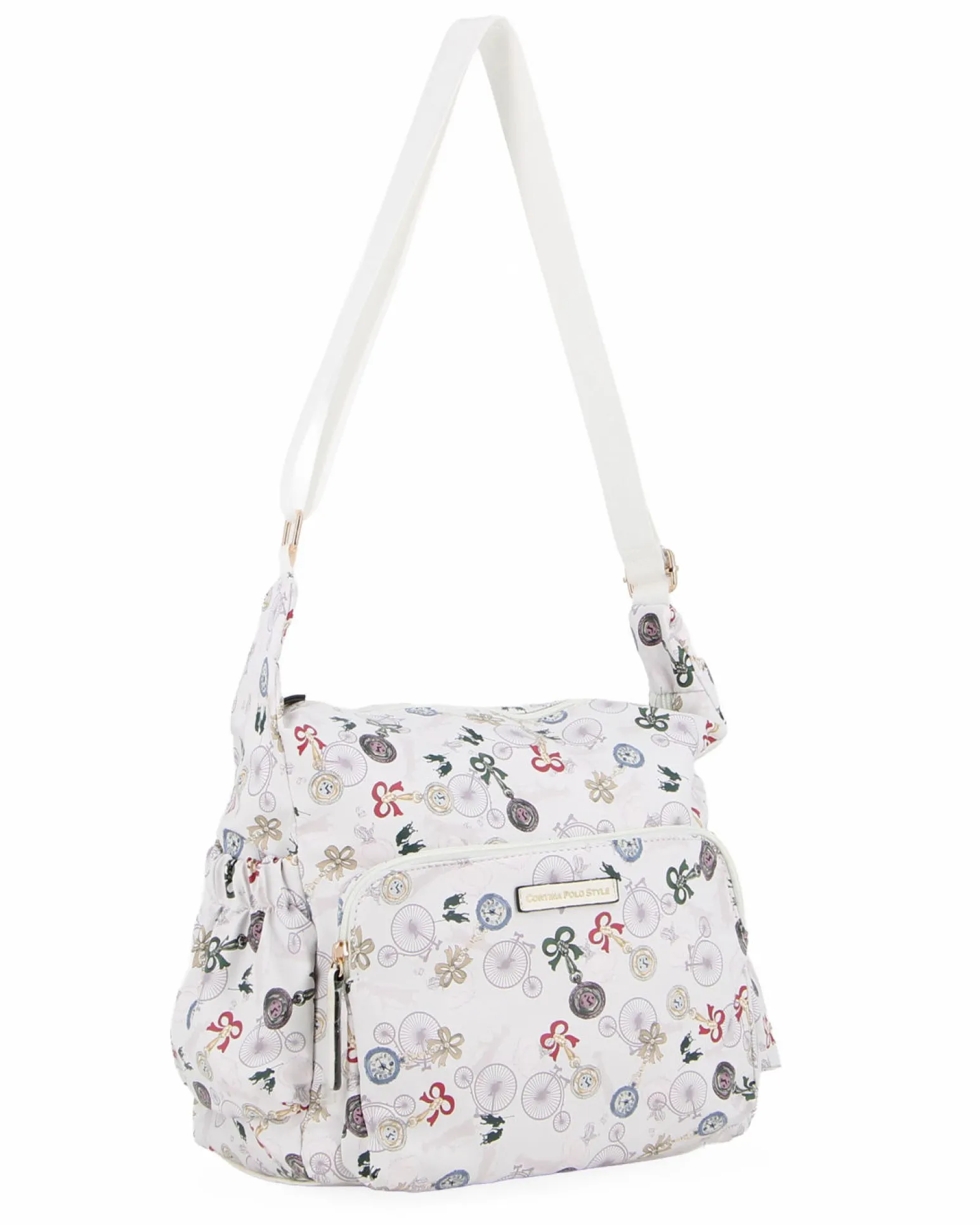 CORTINA POLO STYLE - Tracolla bianca con stampa bici, tasca frontale e taschini laterali elasticizzati