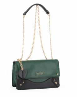 CORTINA POLO STYLE -Tracolla verde/nera con patta e ciondolo a cuore, tracolla removibile