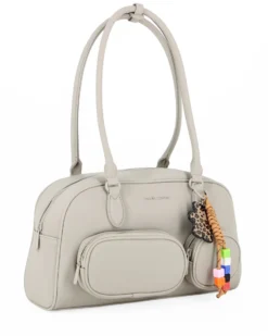 DAVID JONES - BORSA BOWLING BEIGE IN TESSUTO CON TASCHINI E CHARM REMOVIBILI