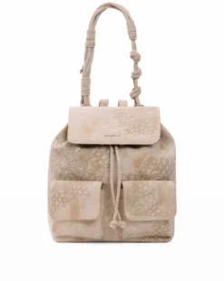 DESIGUAL - Zaino sabbia con dettagli ricamati, patta, tasche frontali con chiusura magnetica, tracolla removibile