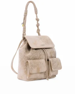 DESIGUAL - Zaino sabbia con dettagli ricamati, patta, tasche frontali con chiusura magnetica, tracolla removibile